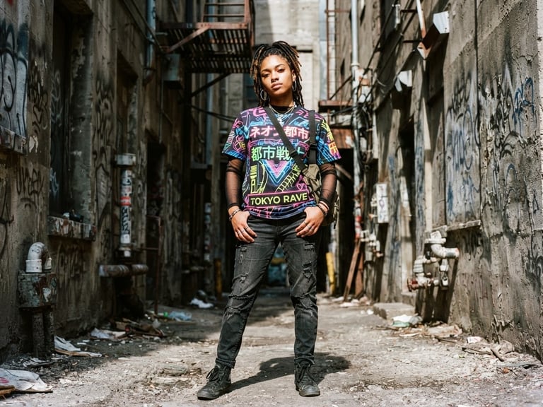 Gritty urban fashion photography, harsh direct sunlight, a young creative wearing a vibrant sublimated streetwear t-shirt with neon graphics, standing in a concrete industrial alley, raw texture, 35mm film grain