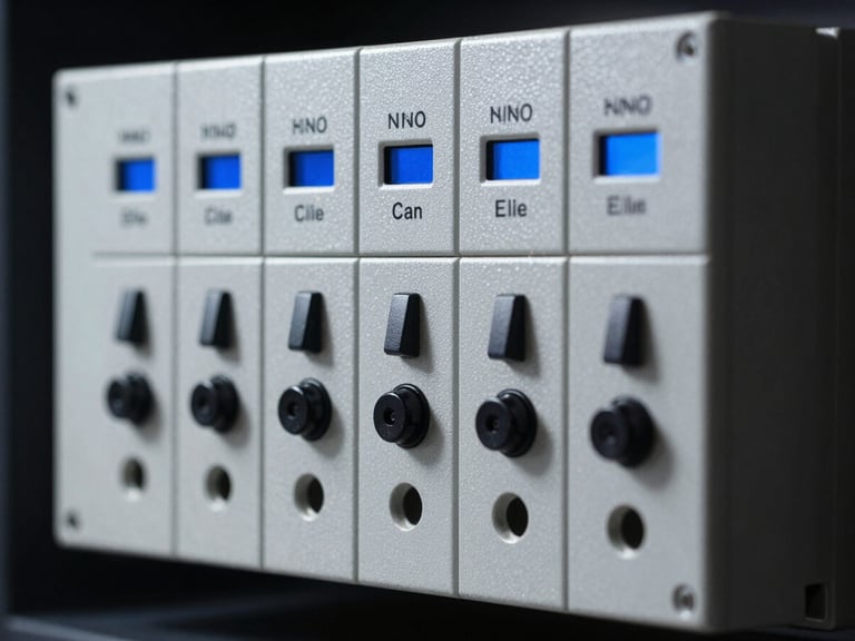 Close-up of a protective relay's front panel with status indicators, high-contrast studio lighting, electric blue accents.