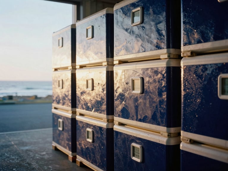 Interior of a high-end refrigerated warehouse, showing neatly stacked cold-storage containers, with a digital thermometer visible, crisp morning coastal daylight, high-contrast, 35mm.