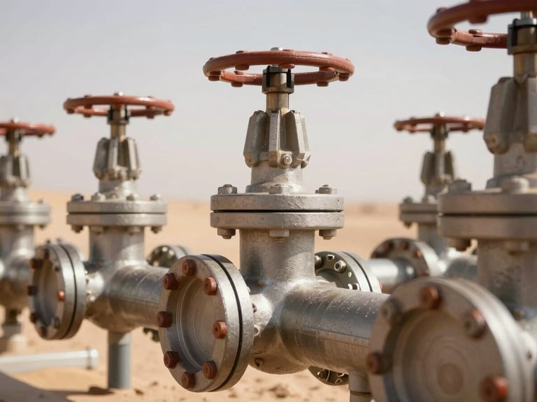 Close-up detail shot of heavy industrial water filtration valves under bright afternoon desert sun, metallic textures, sharp focus