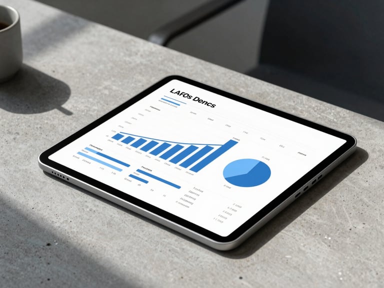 Macro detail of a clean financial model on a tablet screen, cool daylight casting sharp shadows on a structured concrete desk, minimalist office setting.