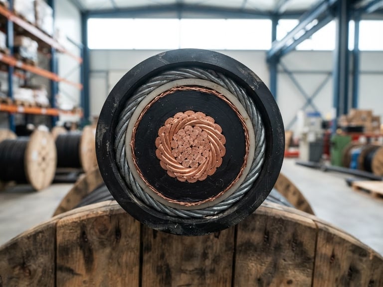 Macro technical close-up of heavy-duty high-voltage electrical cable drum, showing copper core and thick insulation layers, bright industrial warehouse lighting, sharp details
