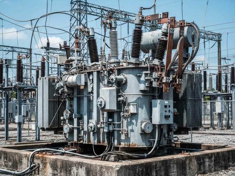 Industrial close-up of a massive heavy-duty electrical transformer on a concrete pad, sharp details, bright daylight, 35mm lens