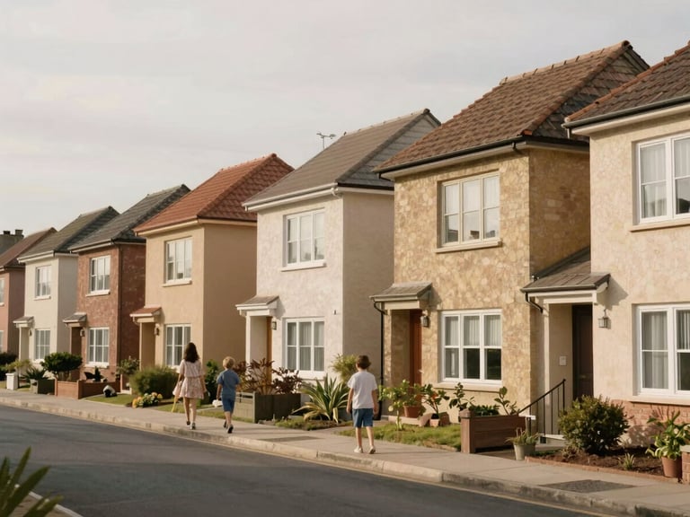 Modest, authentic residential streetscape with warm-toned family homes under soft overcast daylight, quiet neighborhood view, 35mm lens, realistic architecture
