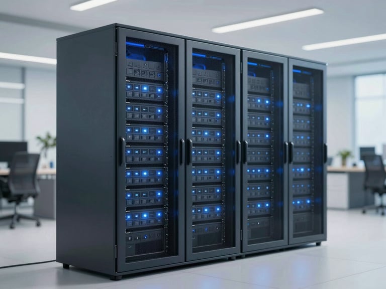 Secure server room cabinet with subtle blue lights, representing permanent data storage and institutional gravity
