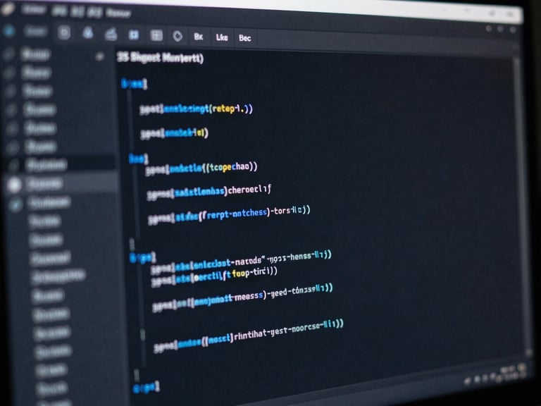 High-contrast cool-toned close-up of clean IDE code interface on a monitor, deep shadows with sharp electric blue accents, 35mm macro focus.