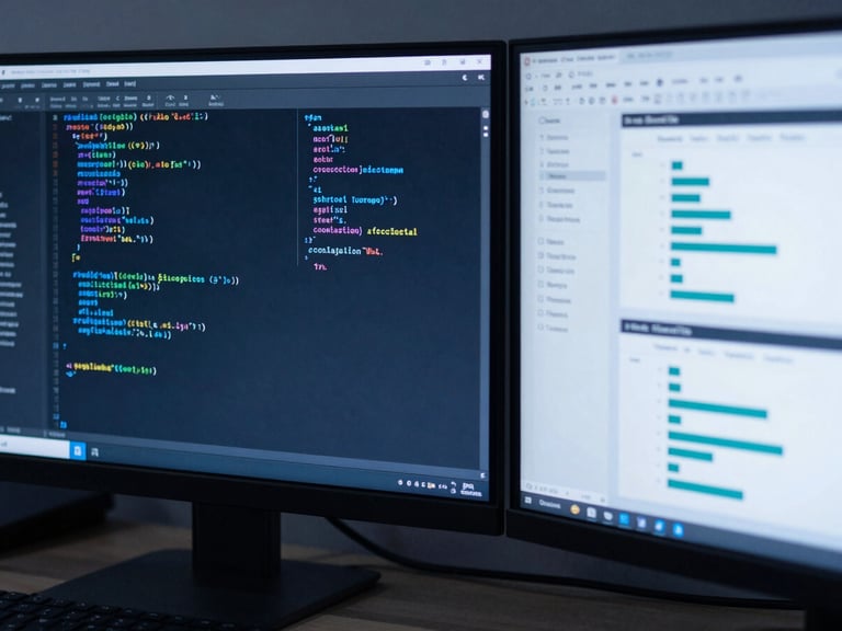 Macro shot of dual-monitor workstation displaying complex SQL code and Power BI dashboards, cool blue tones, sharp focus, 35mm lens