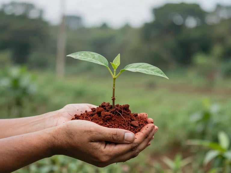 Hands handling rich red Madagascan soil, holding a small acclimated seedling with roots visible, soft overcast daylight, 35mm
