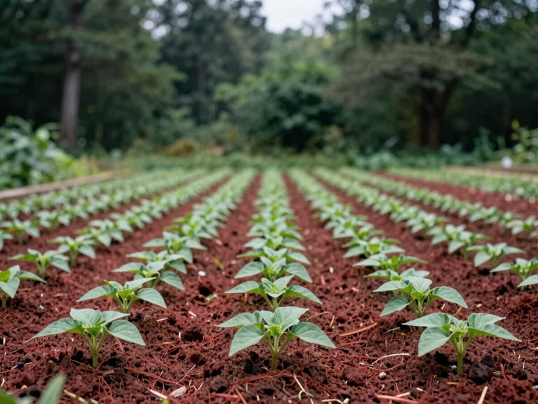 Eye-level medium shot of young, acclimated agricultural seedlings in neat rows at Le Jardin du Lac, soft overcast daylight, rich forest greens and earthy red tones, 35mm