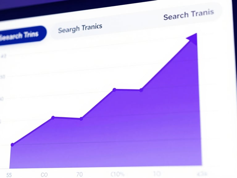 Crisp analytics dashboard showing upward growth curves in search traffic, clean modern UI with deep indigo and electric purple accents, macro shot, 35mm