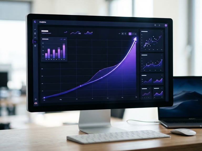 A clean analytics dashboard interface showing a steep positive growth curve with deep indigo and purple accents, tech-editorial style.