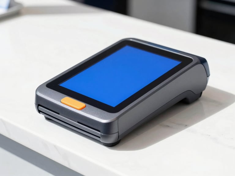 A close-up of a sleek modern payment terminal sitting on a bright white marble counter, vibrant blue interface screen, high-key natural daylight, sharp focus, 35mm