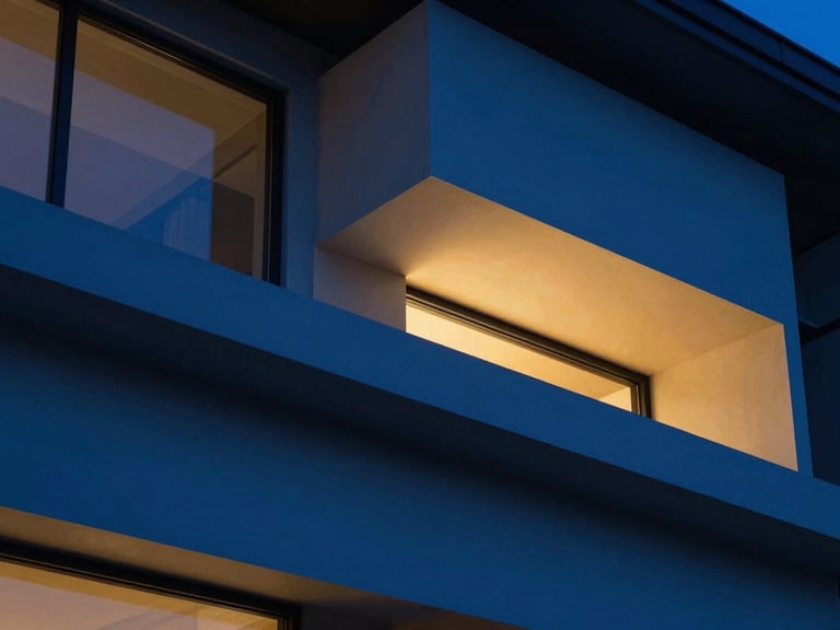 Architectural detail of a luxurious modern home, sharp angles, deep royal blue shadows, warm golden highlights from interior lighting, clean lines.