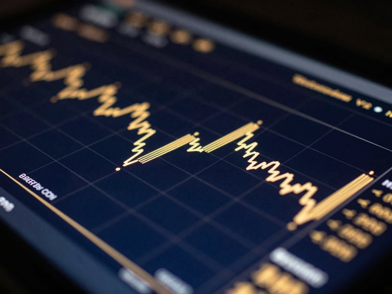 Dramatic low-key shot of a dark-mode trading interface with glowing golden charts, shallow depth of field, 35mm