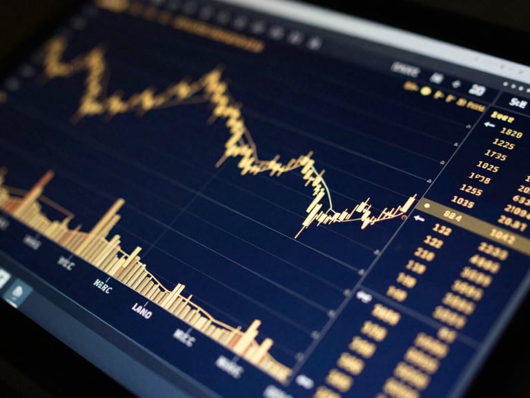 Clean, dark-mode trading interface with glowing golden indicators on charts, shallow depth of field, focused on a single financial chart with data visualizations.