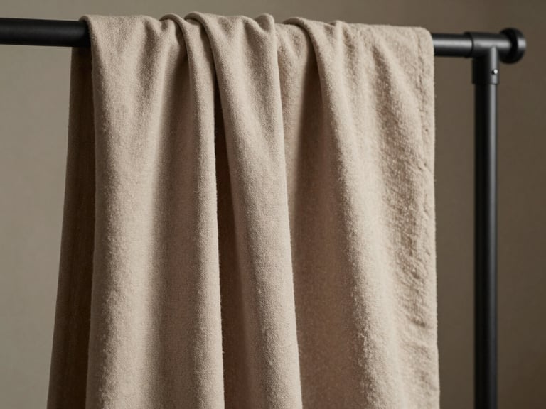 Extreme close-up of heavy warm taupe cotton drape hanging on a matte black rack, soft north-facing daylight casting subtle shadows