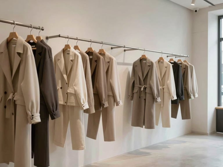 Minimalist boutique interior with a single rack of neutral-toned private label apparel, soft diffused daylight, spacious negative space