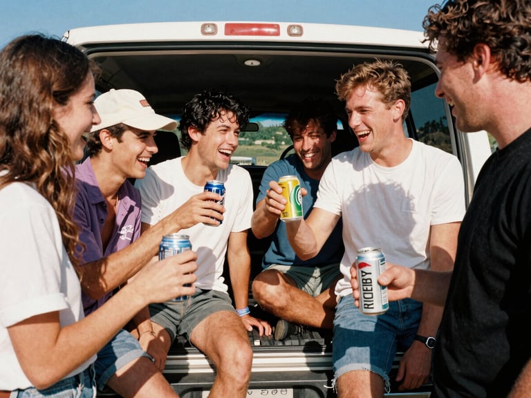Spontaneous, unposed group of friends laughing and cracking open hard soda cans around a tailgate of a truck, direct harsh sunlight, 35mm film aesthetic