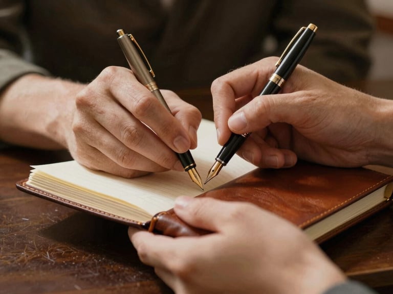 Warm editorial photography of hands holding a fountain pen over a leather-bound journal, soft natural daylight, shallow depth of field, elegant and respectful