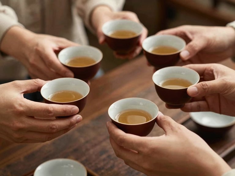 Warm editorial photography of hands holding traditional tea cups, soft natural daylight, rich deep tones, shallow depth of field, elegant and respectful