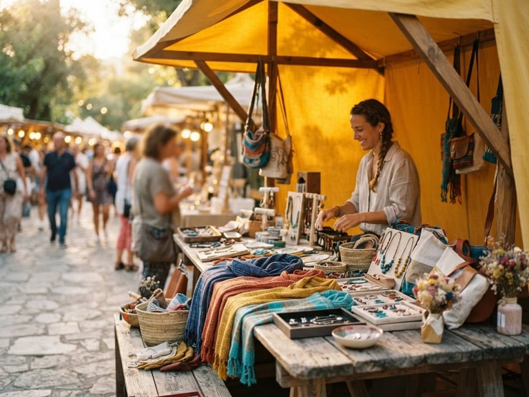 Warm editorial photography of a vibrant yellow market tent at golden hour, colorful accessories displayed on rustic wooden tables, soft natural sunlight, shallow depth of field, 35mm film look.