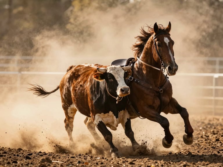 High-contrast action shot of a cutting horse mid-work holding a cow, low-headed sweep, dramatic golden-hour dust, 85mm lens.
