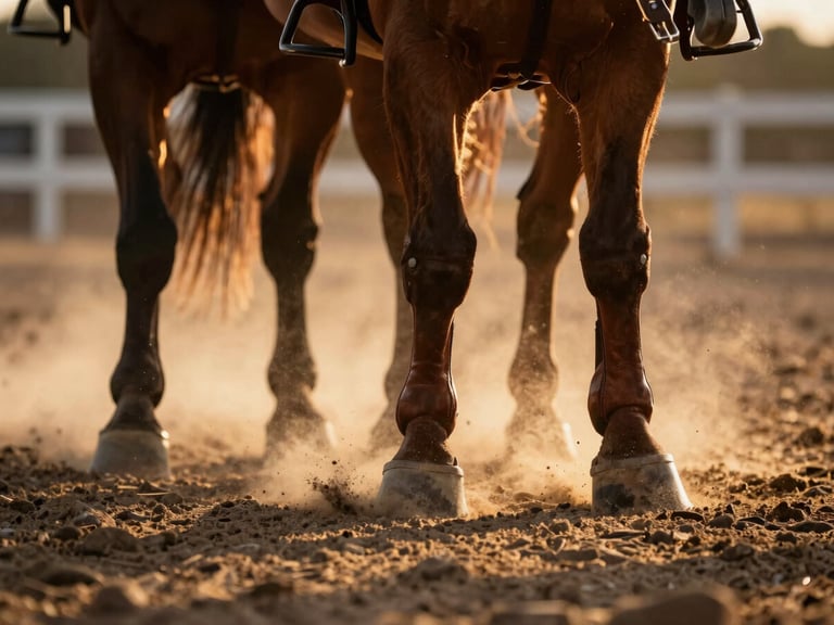 Low-angle close-up of leather boots and tack, dust kicked up by hooves in high-contrast golden hour sunlight, shallow depth of field.