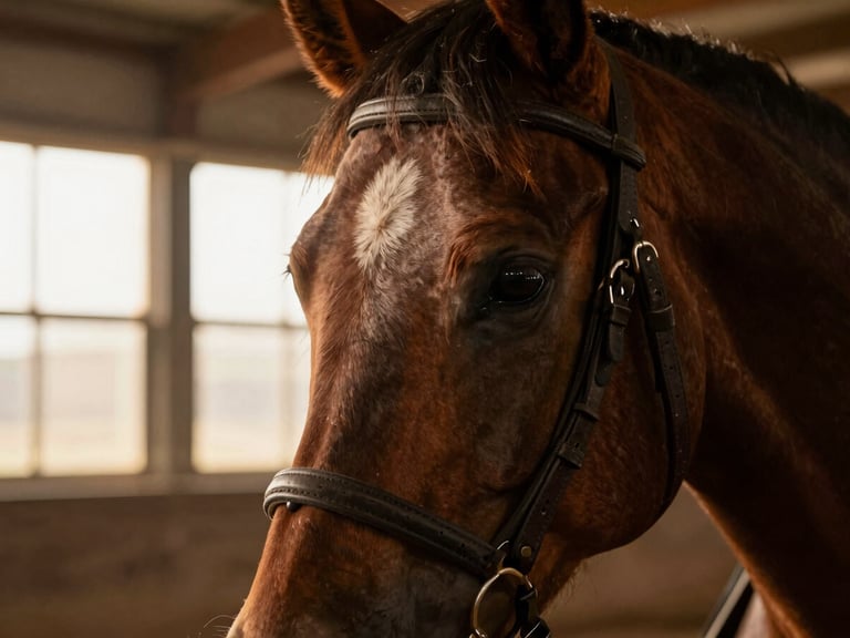 Close-up of a horse's calm eye and leather headstall, soft dusty light filtering through indoor arena windows, shallow depth of field.