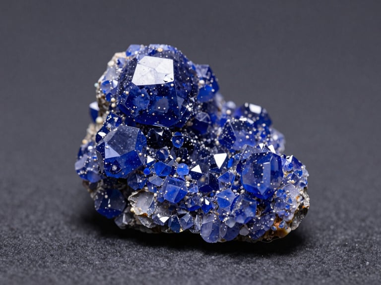 Macro fotografia di un cristallo di azzurrite tabulare blu intenso su matrice grigia, illuminazione diffusa, sfondo scuro.
