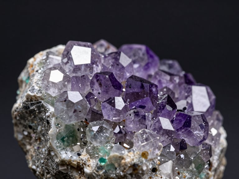 Primo piano di un cristallo di fluorite viola e verde con zonatura, illuminazione diffusa che evidenzia la trasparenza, sfondo nero.