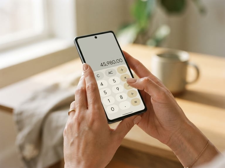 Hands holding a smartphone showing a clean financial calculator interface, bright natural daylight, soft green and neutral tones, 35mm