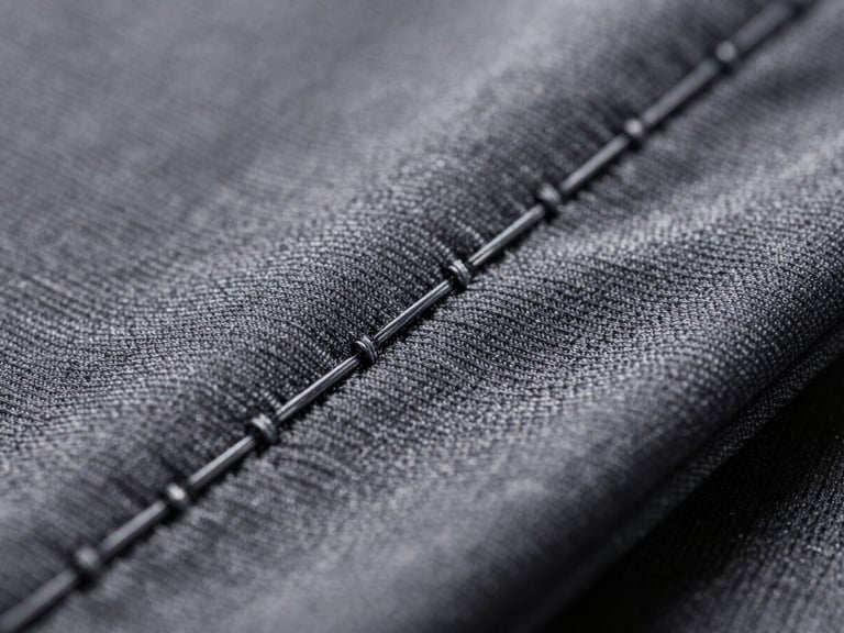 Macro close-up of double-needle stitching on technical activewear fabric under high-contrast directional studio light, showing precise thread alignment.