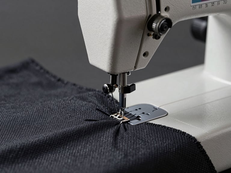Macro close-up of a heavy-duty industrial sewing machine executing a precise double-needle stitch on dark charcoal technical performance fabric, cool diffused studio lighting.