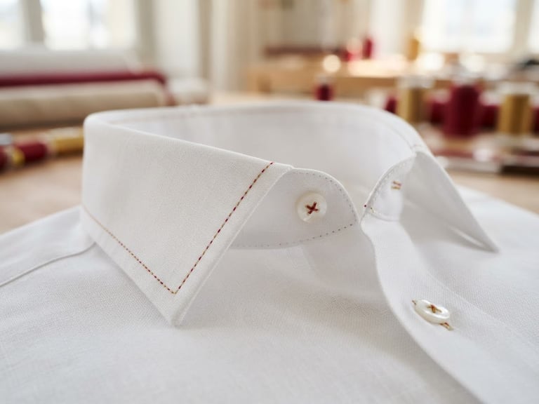 Extreme close-up of a pristine white shirt collar with geometric rigor, subtle hand-stitching visible, in a minimalist, sunlit Geneva atelier, soft diffused daylight, rich crimson and gold accents, crisp white linen, macro detail, 35mm