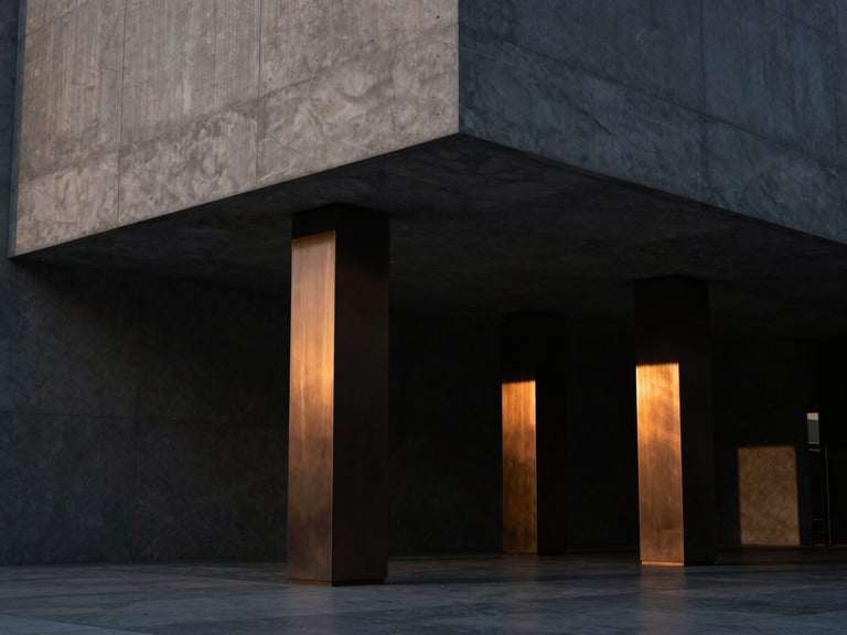 Dramatic architectural photography of a monolithic concrete and dark marble pavilion, sharp geometric angles, low-key lighting with soft golden-hour highlights on brushed bronze columns, Hasselblad 50mm