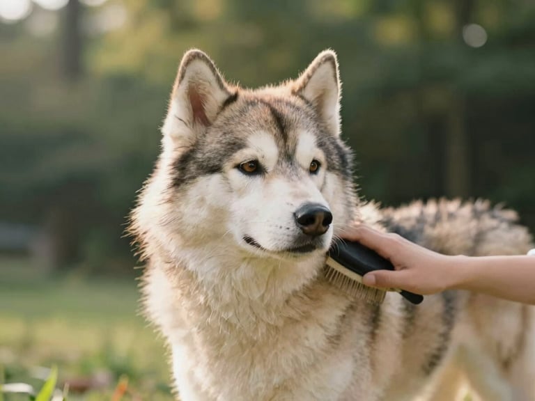 Close-up of a warm cream and gray Pomsky being gently brushed outdoors, natural light, soft focus background, 35mm.