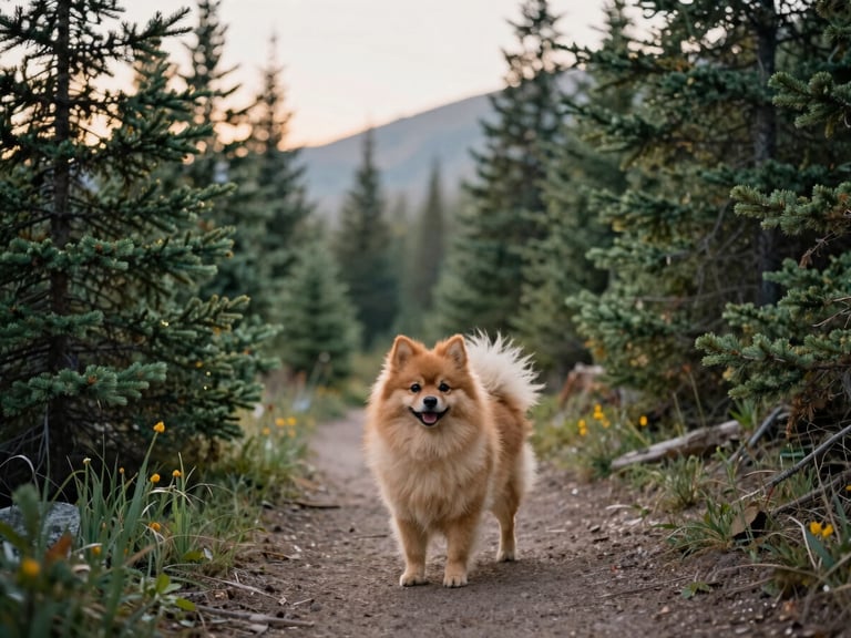 A happy adult Pomsky standing on an alpine trail in Kananaskis, surrounded by pine trees, soft morning light, 35mm.