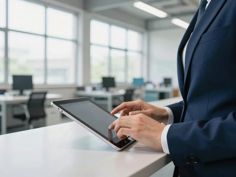 Close-up of hands typing on a tablet in a bright, organized modern warehouse, soft daylight filtering through high windows, professional atmosphere.