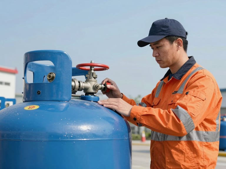 A professional technician in a high-visibility uniform inspecting a residential propane tank valve in bright daylight