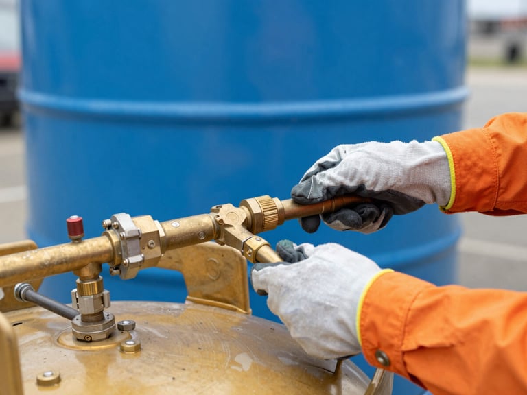 Close-up of a technician's hands in safety gloves connecting a heavy-duty brass propane hose to a commercial tank