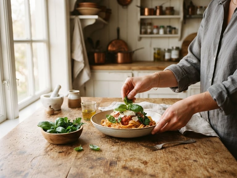 Wide shot of a rustic wooden kitchen counter, hands gently arranging fresh herbs on a plate of handmade pasta, soft afternoon window light casting long shadows, warm tones, 35mm