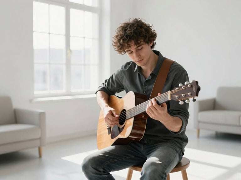 A musician in a focused creative moment playing an acoustic guitar, bright sunlit room, clean modern minimalist aesthetic.