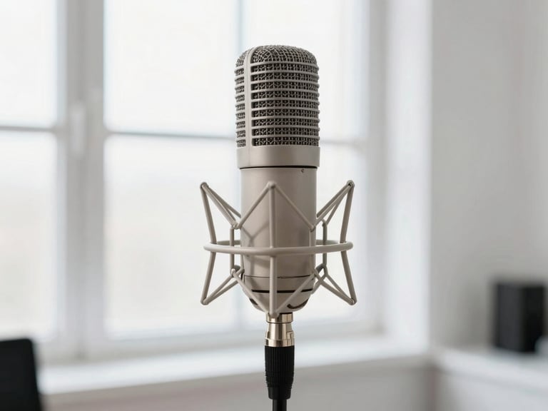 A close-up of a high-end vintage condenser microphone on a stand, soft natural window light, shallow depth of field, clean white studio background.