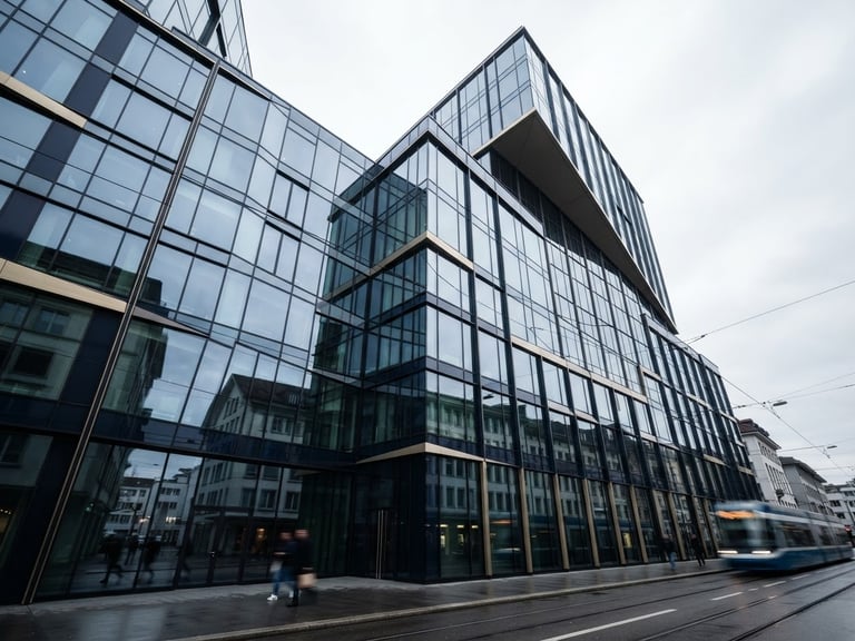 Low-angle architectural shot of a modern financial building in Zug, clean glass facade reflecting cool diffused Swiss daylight, sharp geometry, editorial corporate photography style.