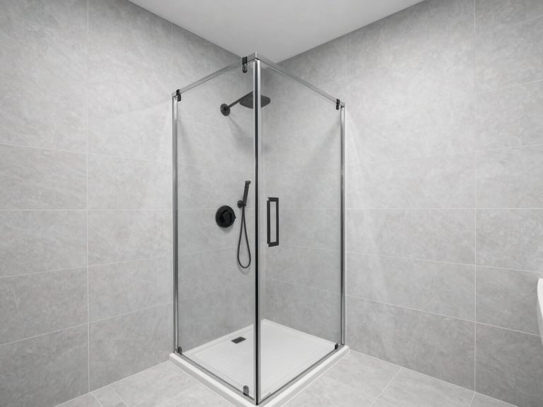 Immaculate luxury bathroom with seamless large-format gray porcelain tiling, a walk-in shower with recessed matte black fixtures, soft natural light.