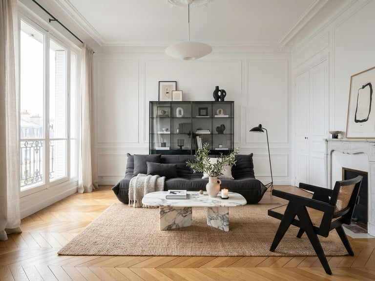 Immaculate finished Parisian living room, high-end design, chevron oak parquet catching soft natural daylight, pristine white plaster walls, minimalist moldings