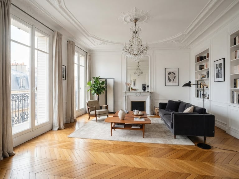 Wide architectural shot of a Haussmannian apartment living room in Paris, clean white walls, perfectly restored oak parquet floor catching soft morning daylight, high ceilings with elegant plaster moldings, spacious composition.