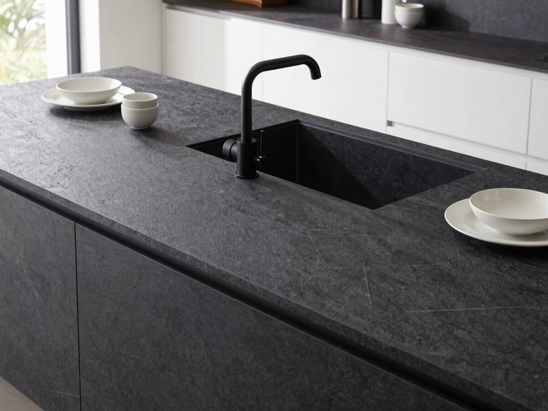 Close-up of a minimalist luxury kitchen island, dark anthracite stone surface, matte black faucet, elegant ceramic tableware, bright natural daylight.