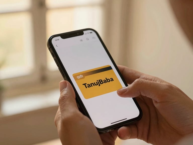 Medium close-up of a smartphone screen displaying a digital gift card for TanujBaba, hands holding the phone, warm natural light, shallow depth of field, soft cream background.