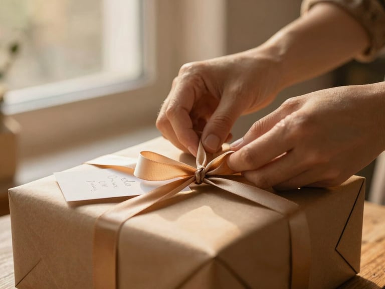 Close-up of hands tying a ribbon on a beautifully wrapped gift box with a small handwritten card tucked in, warm natural light, shallow depth of field, cozy amber accents.